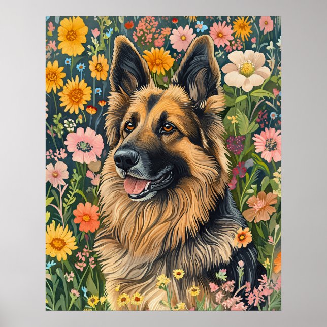 Whimsical German Shepherd in a Flower Garden Poster (Front)