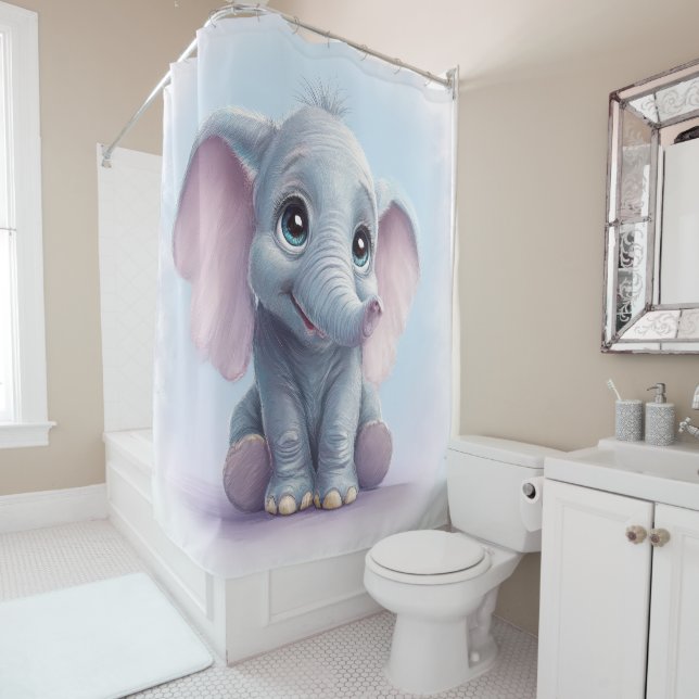 Whimsical Ghibli-Inspired Baby Elephant Art Print Shower Curtain (In Situ)