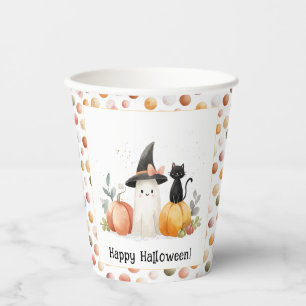 Whimsical Ghost and Black Cat Halloween Paper Cups
