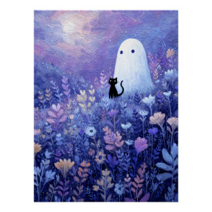 Whimsical Ghost and Cat in Twilight Meadow Poster