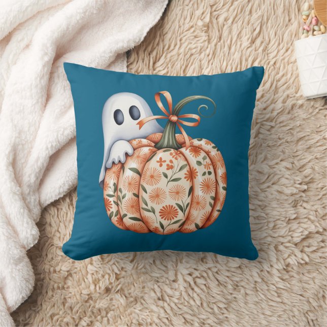 Whimsical Ghost and Floral Pumpkin Peek Halloween  Cushion (Blanket)