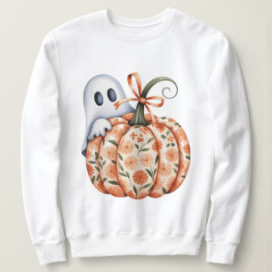 Whimsical Ghost and Floral Pumpkin Peek Halloween Sweatshirt