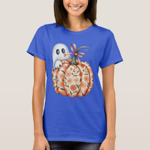 Whimsical Ghost and Floral Pumpkin Peek Halloween T-Shirt