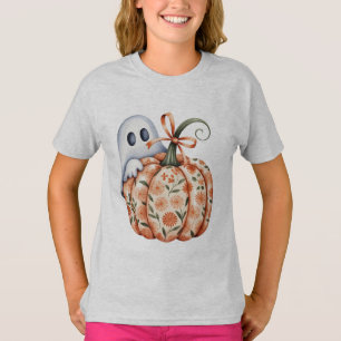 Whimsical Ghost and Floral Pumpkin Peek Halloween T-Shirt