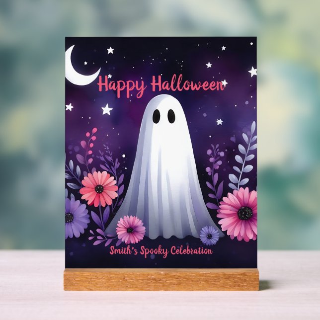 Whimsical Ghost and Floral Spooky Pink Purple Acrylic Sign (Neutral)