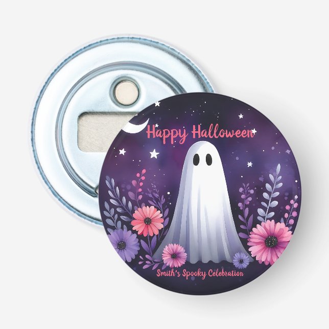 Whimsical Ghost and Floral Spooky Pink Purple Bottle Opener (Front)