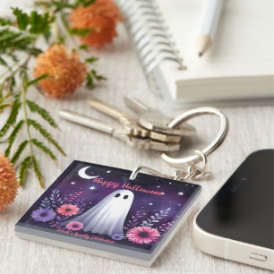 Whimsical Ghost and Floral Spooky Pink Purple Key Ring