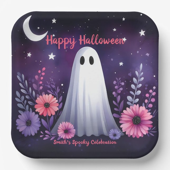 Whimsical Ghost and Floral Spooky Pink Purple Paper Plate (Front)