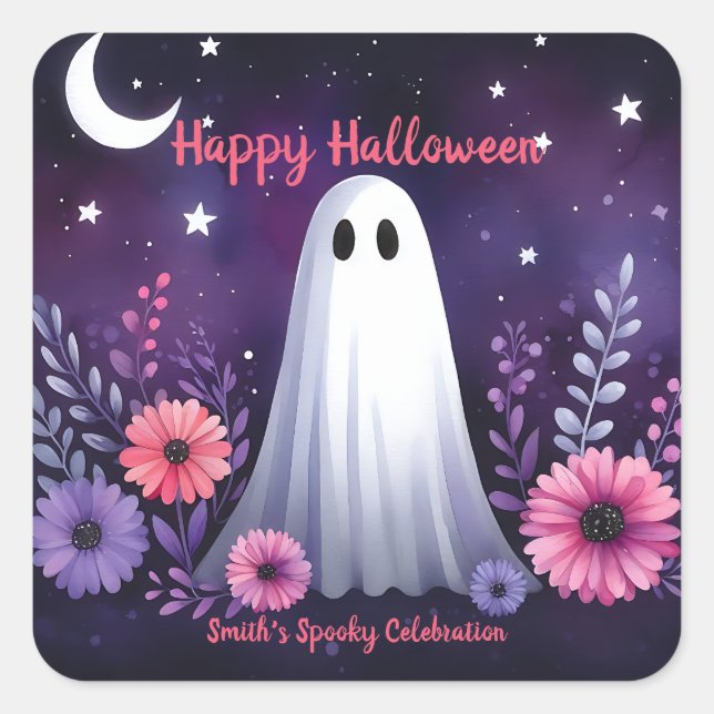 Whimsical Ghost and Floral Spooky Pink Purple Square Sticker (Front)