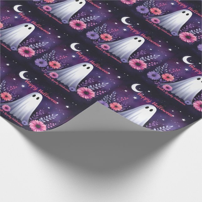 Whimsical Ghost and Floral Spooky Pink Purple Wrapping Paper (Corner)