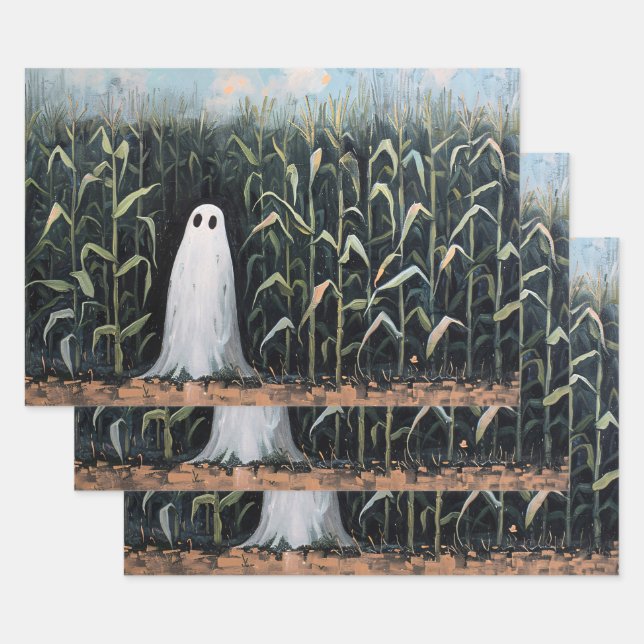 Whimsical Ghost Corn Field Decoupage Wrapping Paper Sheet (Set)