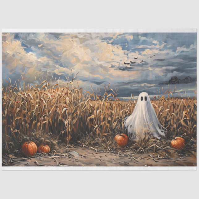 Whimsical Ghost Corn Field Pumpkins Decoupage Tissue Paper (Front)