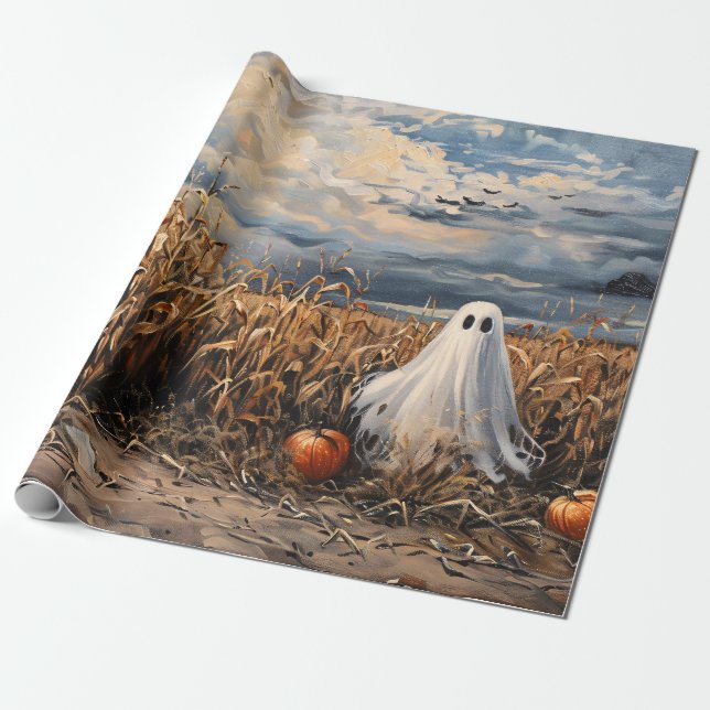 Whimsical Ghost Corn Field Pumpkins Decoupage Wrapping Paper (Unrolled)