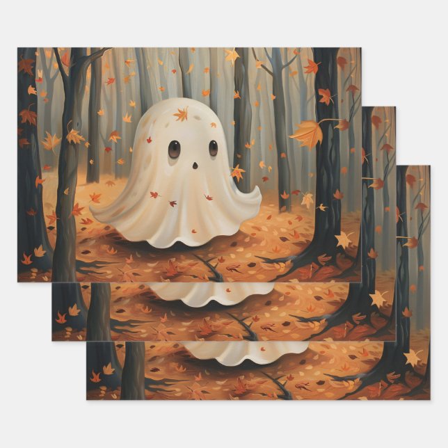 Whimsical Ghost Cute Fall Decoupage Wrapping Paper Sheet (Set)