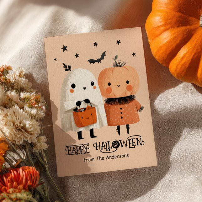 Whimsical Ghost& Pumpkin Cute Watercolor Halloween Postcard (Creator Uploaded)