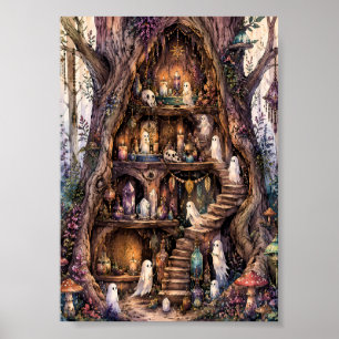 Whimsical Ghost Treehouse Apothecary Cozy Witchy Poster