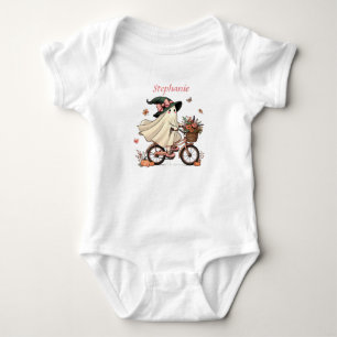 Whimsical Ghost Witch Riding Bicycle  Baby Bodysuit