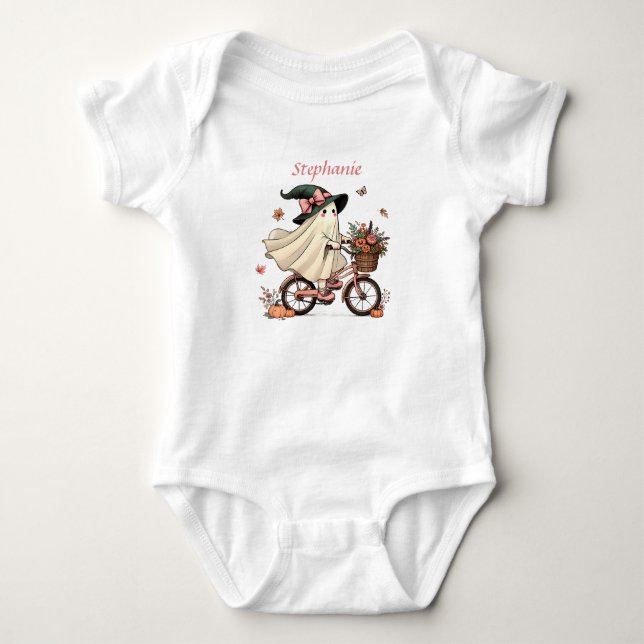 Whimsical Ghost Witch Riding Bicycle  Baby Bodysuit (Front)