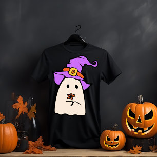 Whimsical Ghost with Witch Hat and Flower T-Shirt
