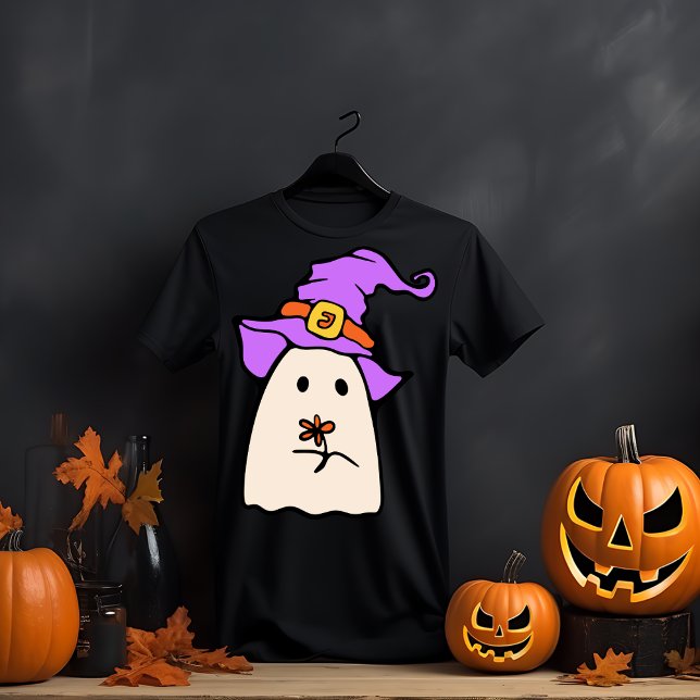 Whimsical Ghost with Witch Hat and Flower T-Shirt (Creator Uploaded)