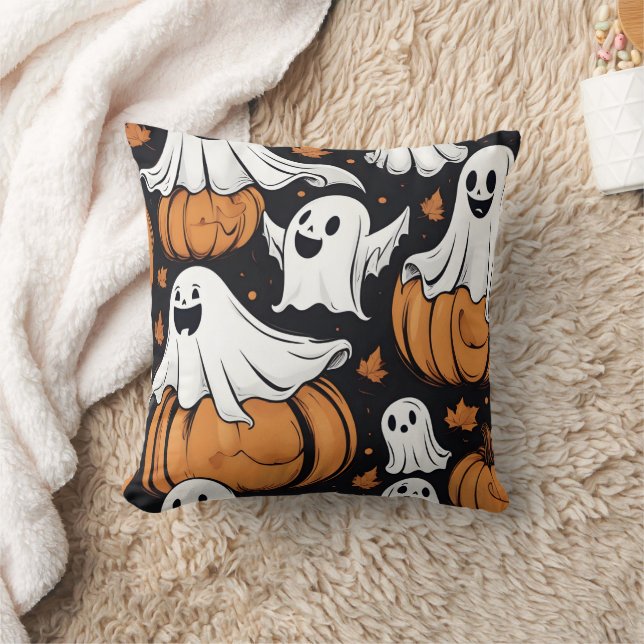 Whimsical ghosts playing among Halloween pumpkins Cushion (Blanket)