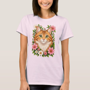 Whimsical Ginger Cat and Wildflowers T-Shirt