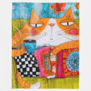 Whimsical Ginger Cat with Cup of Tea Fleece Blanket