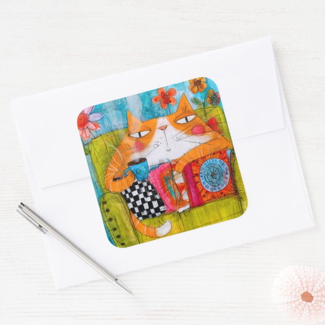 Whimsical Ginger Cat with Cup of Tea Square Sticker (Envelope)