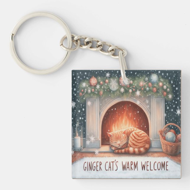 Whimsical Ginger Cat's Warm Welcome Christmas Key Ring (Front)