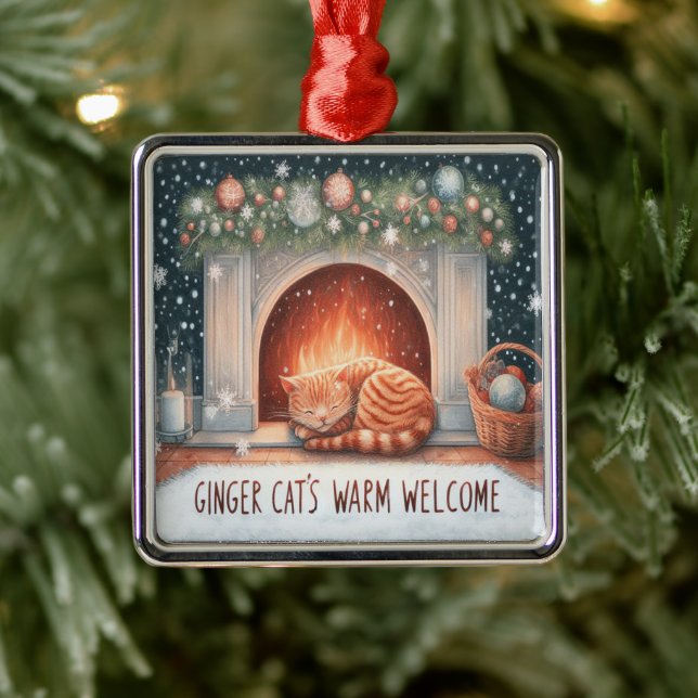 Whimsical Ginger Cat's Warm Welcome Christmas Metal Tree Decoration (Tree)