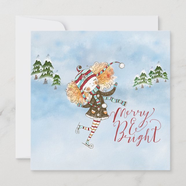 Whimsical Ginger Hair Ice Skater Holiday Flat Card (Front)