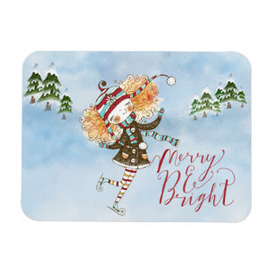 Whimsical Ginger Hair Ice Skater Holiday Magnet