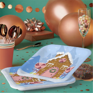 Whimsical Gingerbread House Blue Paper Plates