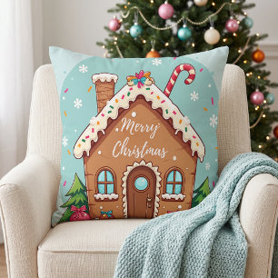 Whimsical Gingerbread House Christmas Scene Cushion