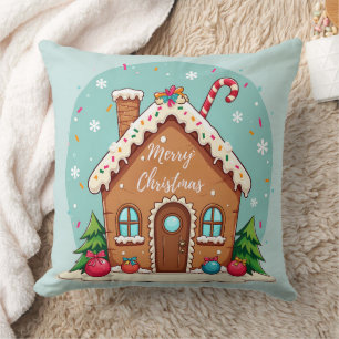 Whimsical Gingerbread House Christmas Scene Cushion