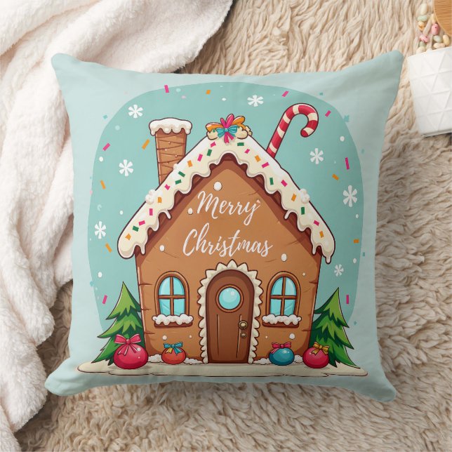 Whimsical Gingerbread House Christmas Scene Cushion (Blanket)