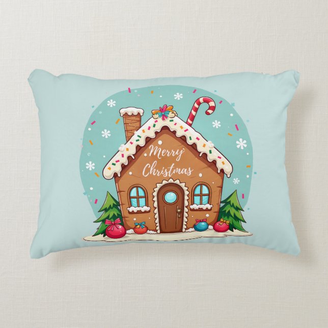 Whimsical Gingerbread House Christmas Scene Decorative Cushion (Front)
