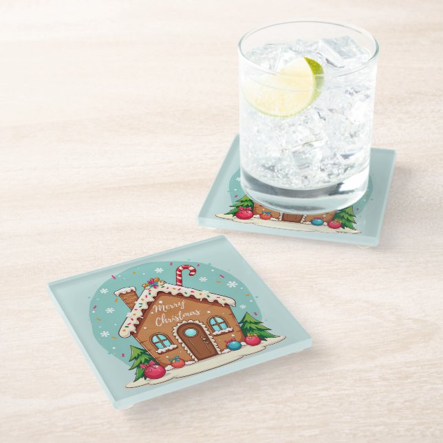 Whimsical Gingerbread House Christmas Scene Glass Coaster (Angled)