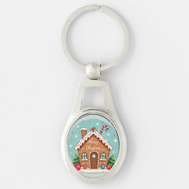 Whimsical Gingerbread House Christmas Scene Key Ring (Front)