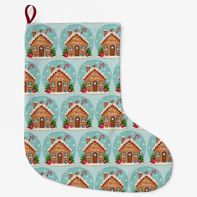 Whimsical Gingerbread House Christmas Scene Large Christmas Stocking (Front)