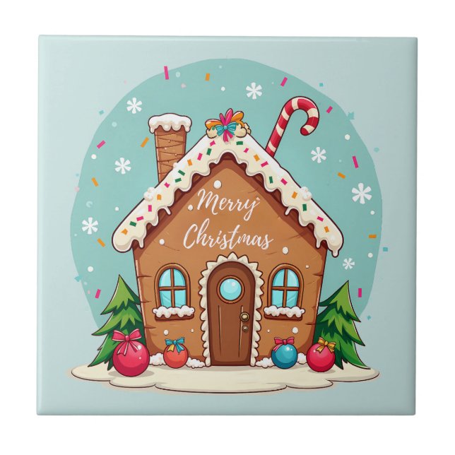 Whimsical Gingerbread House Christmas Scene Tile (Front)