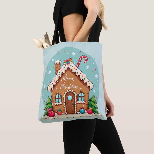 Whimsical Gingerbread House Christmas Scene Tote Bag (Close Up)