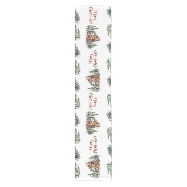 Whimsical gingerbread house in winter forest short table runner (Front)