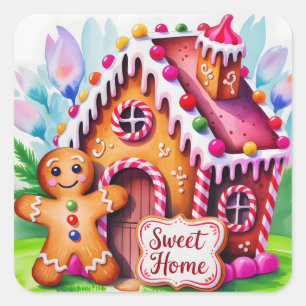 Whimsical Gingerbread House "Sweet Home" Square Sticker