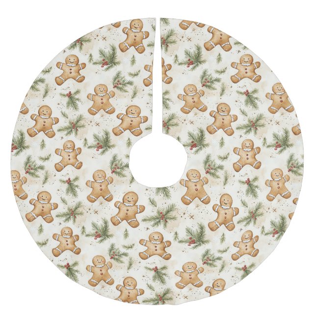 Whimsical Gingerbread & Pine Holiday Pattern Brushed Polyester Tree Skirt (Front)