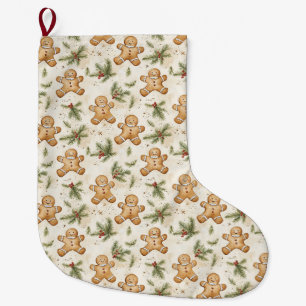 Whimsical Gingerbread & Pine Holiday Pattern Large Christmas Stocking