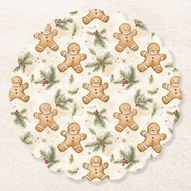 Whimsical Gingerbread & Pine Holiday Pattern Paper Coaster (Front)