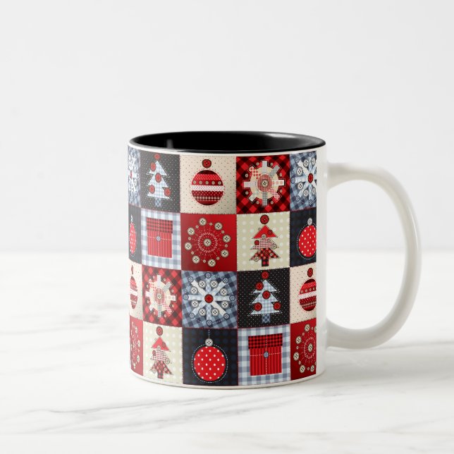 Whimsical Gingham Christmas Patchwork Qui Two-Tone Coffee Mug (Right)