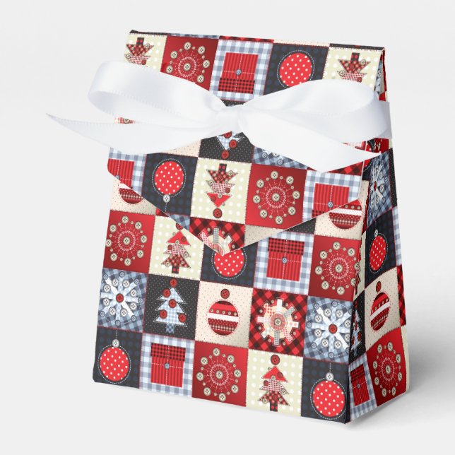 Whimsical Gingham Christmas Patchwork Quilt Favour Box (Front Side)
