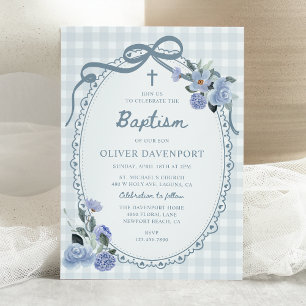 Whimsical Gingham Dusty Blue Floral Boy Baptism Invitation